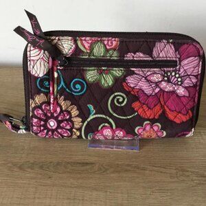 Vera Bradley Wallet Wristlet Travel Organizer Brown Floral Print Zip Around EUC